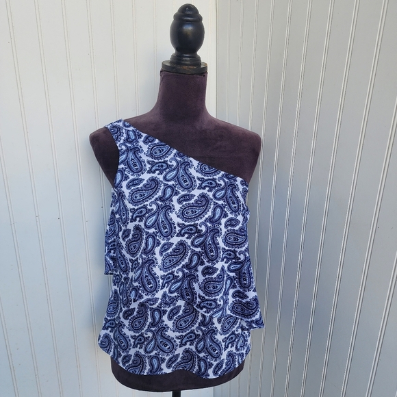 Banana Republic One Shoulder Paisley Print Blouse top Blue white Satin Sz 0 - Picture 1 of 11